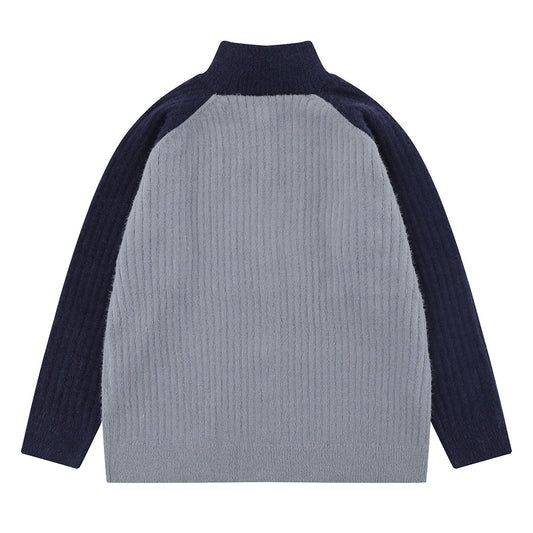 Color Matching Raglan Long Sleeve Stand Collar Sweater Coat