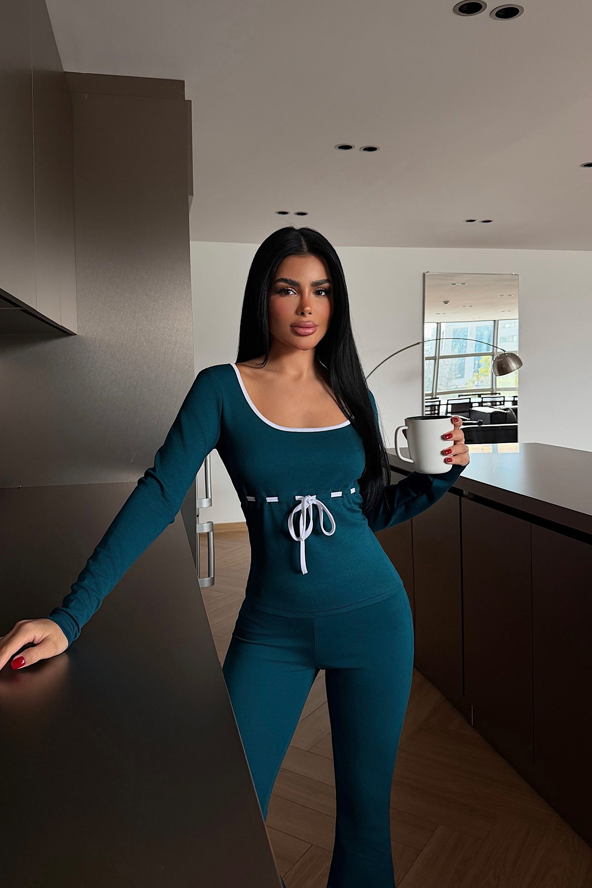 Long-sleeve Drawstring Top And Floor-length Pants Two-piece Set