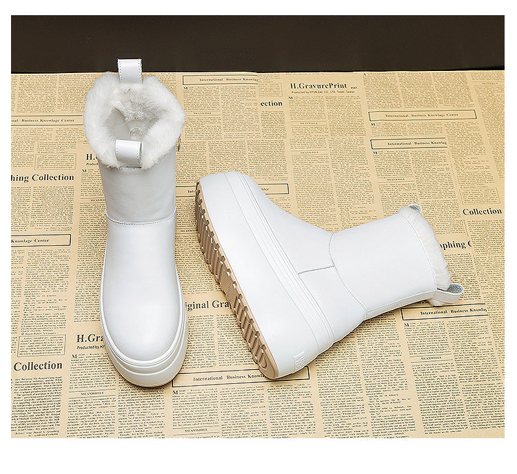 Short Boots Women's Plus Velvet Real Fur Warm Snow Cotton Thick Bottom Muffin Leather Medium Tube Simple