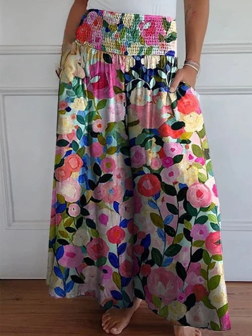 Casual High Waist Smocking Wide Leg With Pockets Denim Women's Pants
