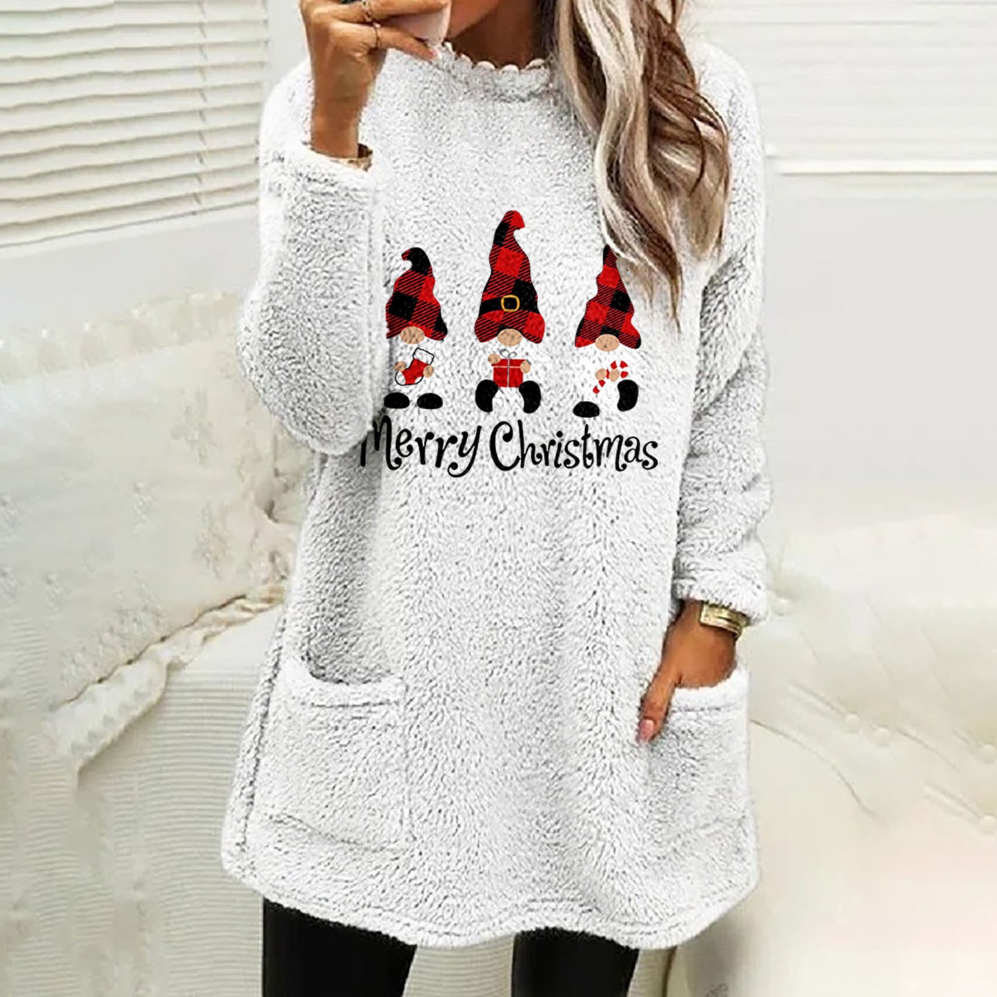 Julebrevtryk Rund Hals Løs Langærmet Lomme Fleece Sweatshirt