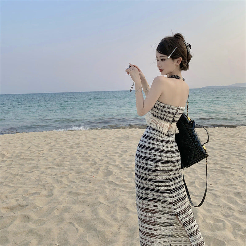Womens Elegant Fringe-Trimmed Tube Top And Skirt Set