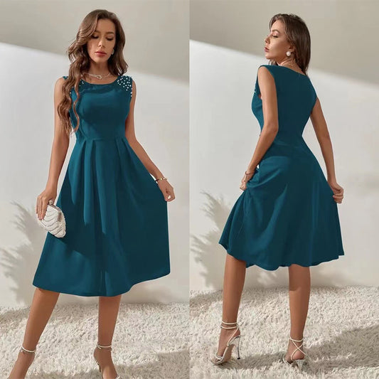 Women's Slim Fitting Round Neck Studded Sleeveless Dress