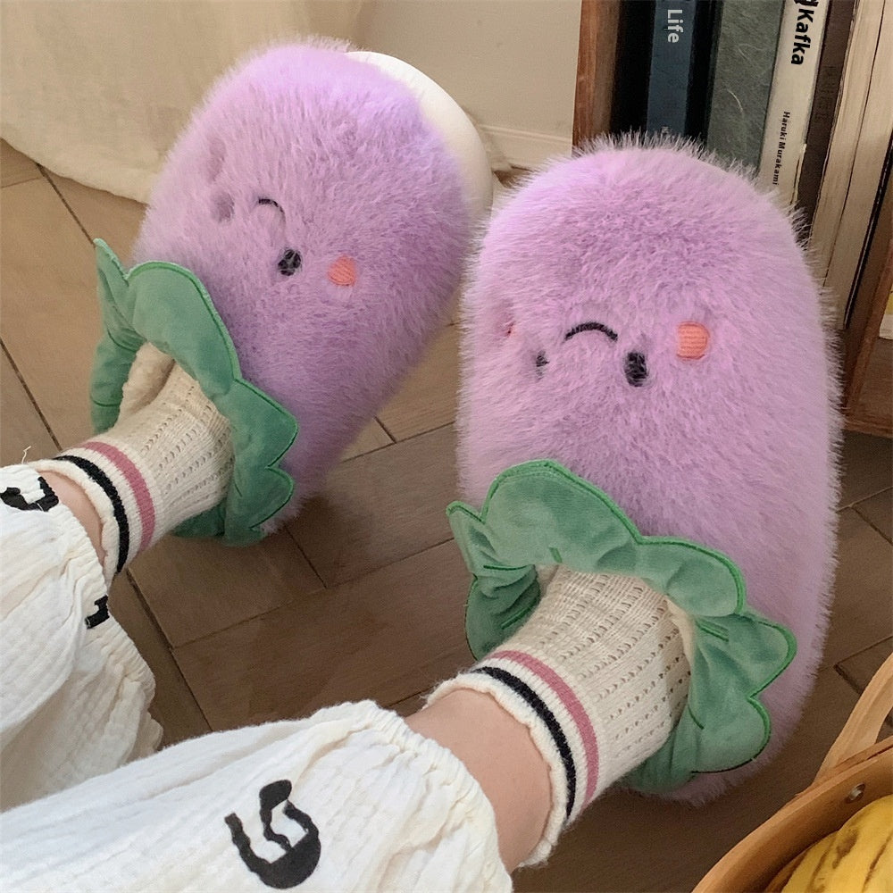 Cute Wind Contrast Color Eggplant Shit Feeling No-skid Floor Cotton Slippers Indoor Warm Soft Sole Shoes