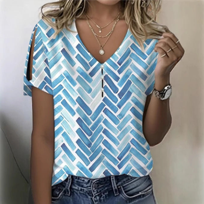 Floral Print Button Spring And Summer Women's Clothing T-shirt Short Sleeve