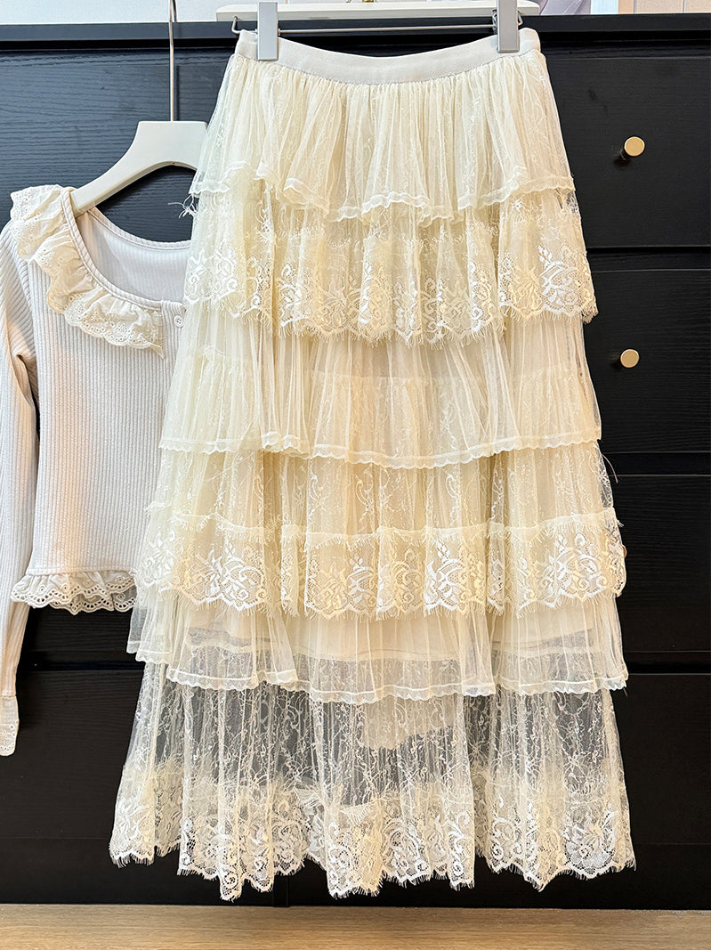 Lace Stitching Net Yarn Cake Skirt High Waist Mid-length A- Line Skirt