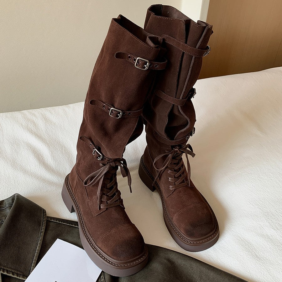Women's Cowhide Lace-up Motorcycle-style Thigh-high Boots