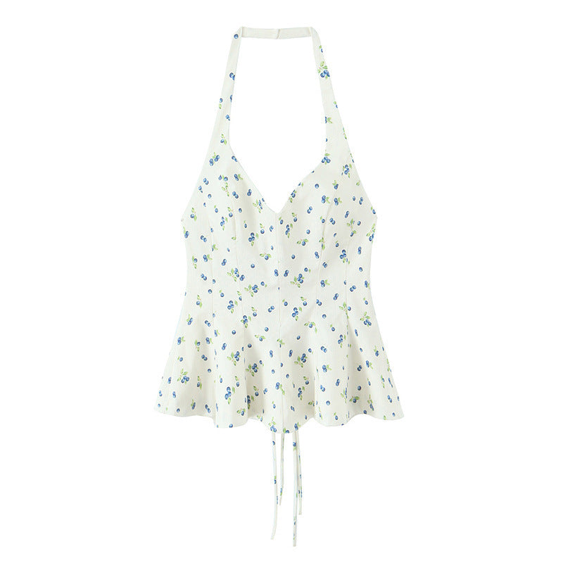 Summer New Women's Flower Print Hanging Collar Top