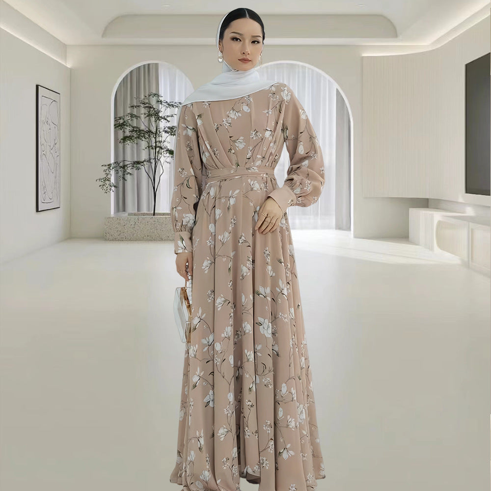 Crew-neck Floral-print Midi Dress With A Matching Belt For A Slimming Fit