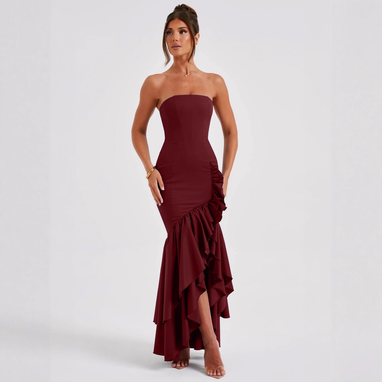 Elegant Strapless Slit Dress For Summer Womens Wear