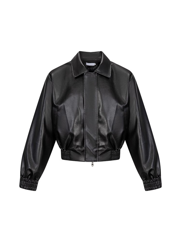 Black PU Leather Padded Shoulder Casual Short Jacket
