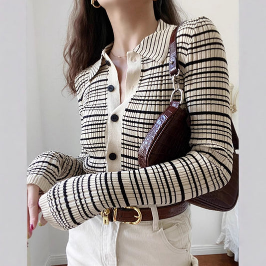 Single-breasted Sweater Contrast Color Striped Dinified Sweater Cardigan