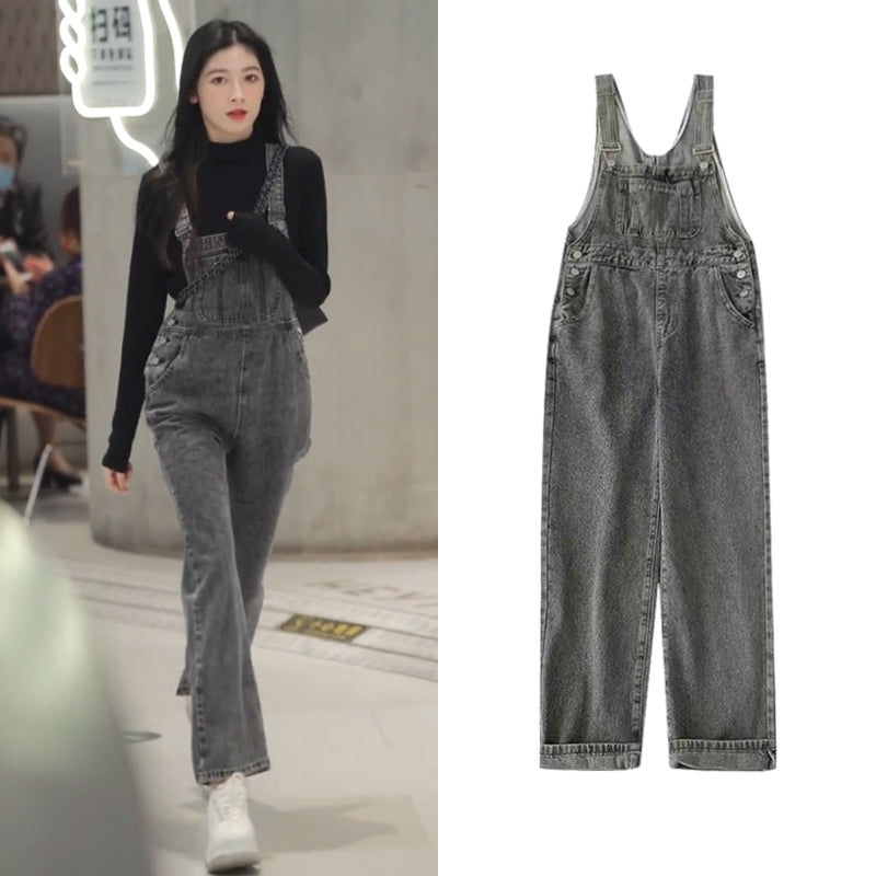 Vintage Sweet Black Denim Strap Pants Female