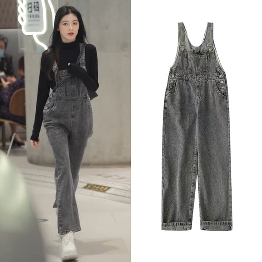 Vintage Sweet Black Denim Strap Pants Female