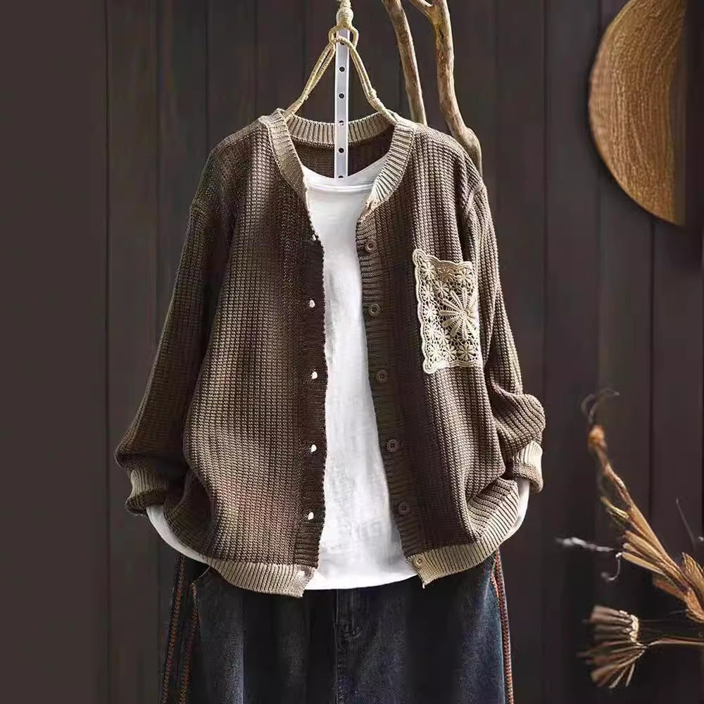 Retro Knitted Cardigan Women Round Neck Loose