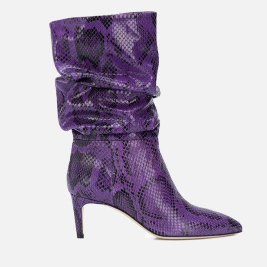 Pointed Toe Stiletto High Heel Snake Print Pleated Mid-top Boots Purple And Silver Women's Boots