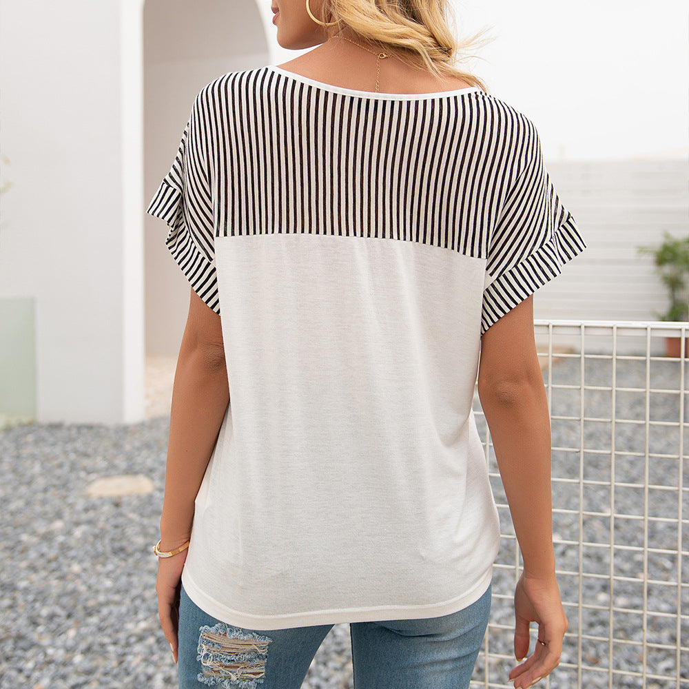 Striped Stitching V-Neck Short Sleeve Loose T-Shirt Top Women