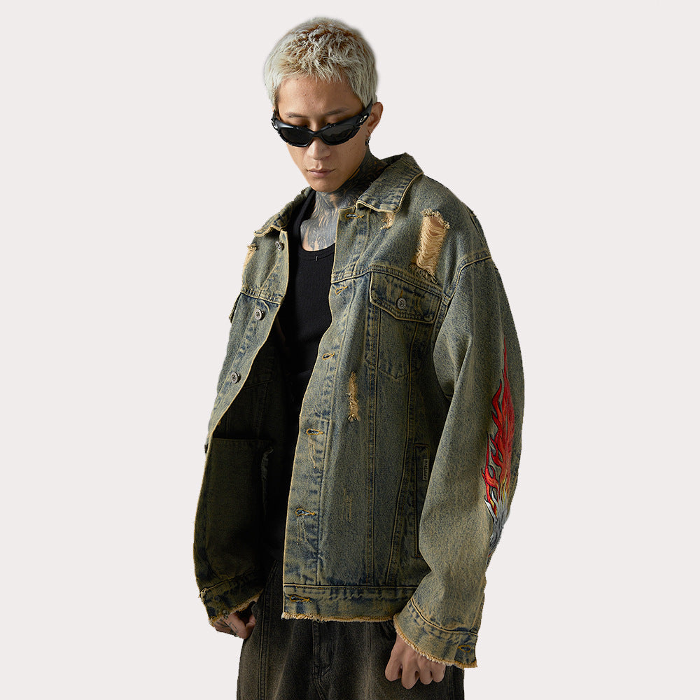 Faucet Zodiac Needle Embroidery Denim Jacket Men's High Street National Fashion Design Sense Ripped Jacket