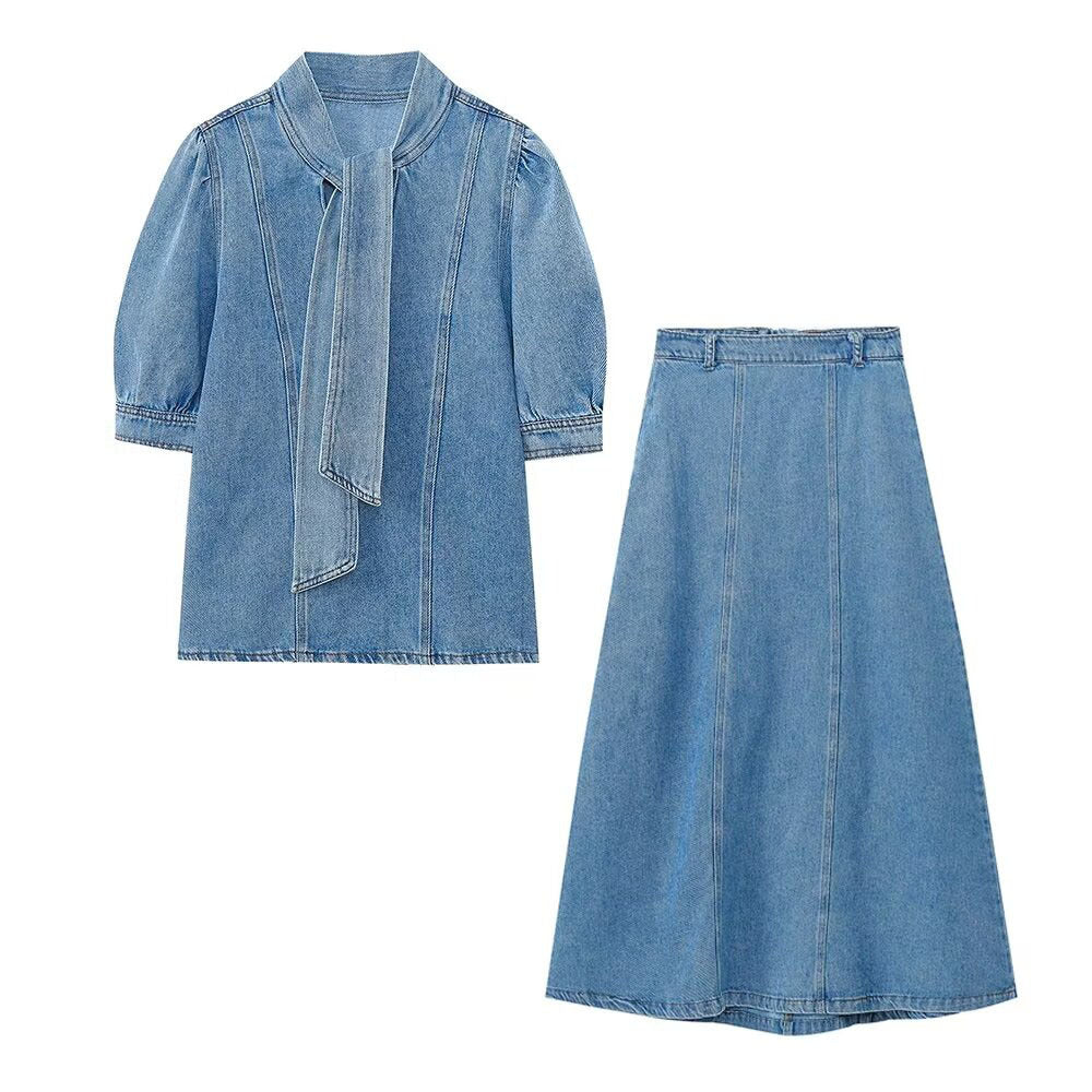 Bow-trimmed Denim Shirt Cape Dress Set