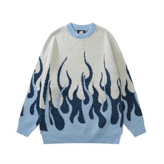 Design Abstract Flame Jacquard Pullover Knitted Sweater Men's