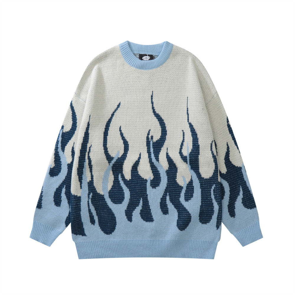 Design Abstract Flame Jacquard Pullover Knitted Sweater Men's