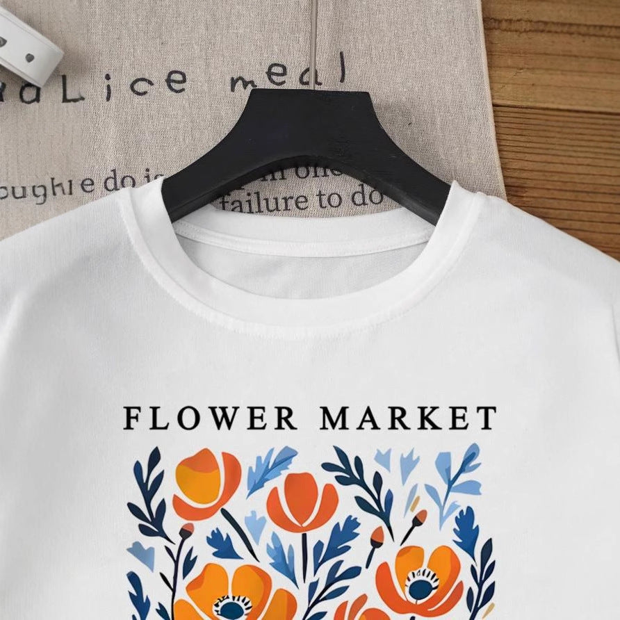 Round Neck Short Sleeve Flower Letter Pattern Printed Summer New T-shirt Women's Shirt