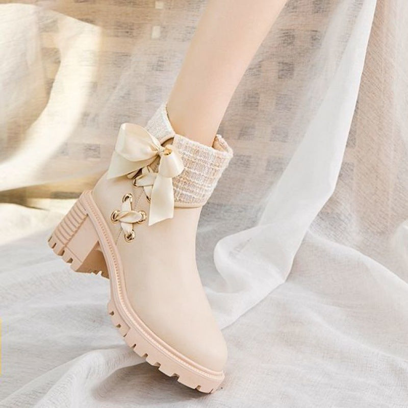 Soft Leather Spring And Autumn Bow Thick Heel Short Female Martin Boots