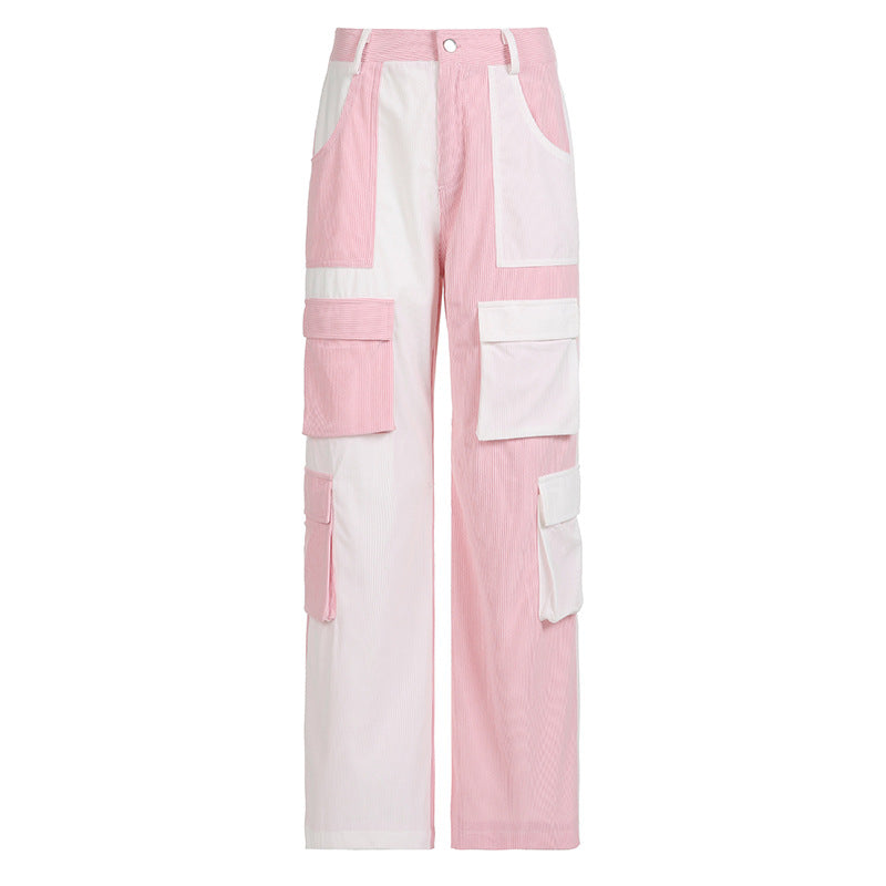 Multi Pocket Contrast Stitching Elements Low Waisted Corduroy Pants