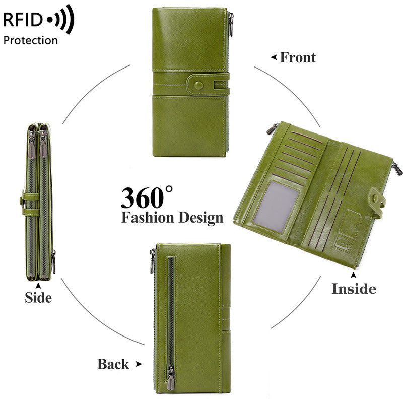 Oil Wax Leather Double Zipper Long European And American New Retro Anti-theft Swiping Women's Wallet