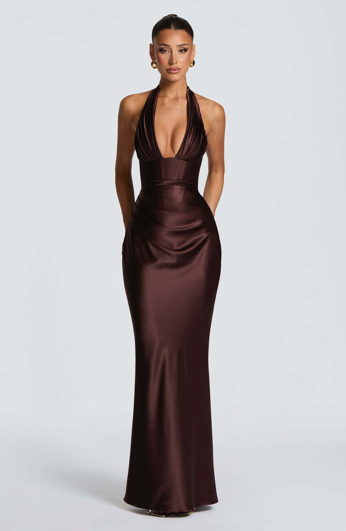 Neck-hanging Deep V-neck Pleated Lace-up Sexy Off-shoulder Slim-fit Long Dress