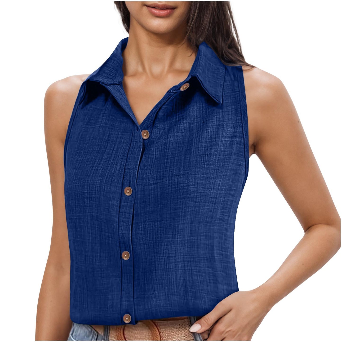Lapel Cotton Linen Button Sleeveless Shirt Women's Clothing