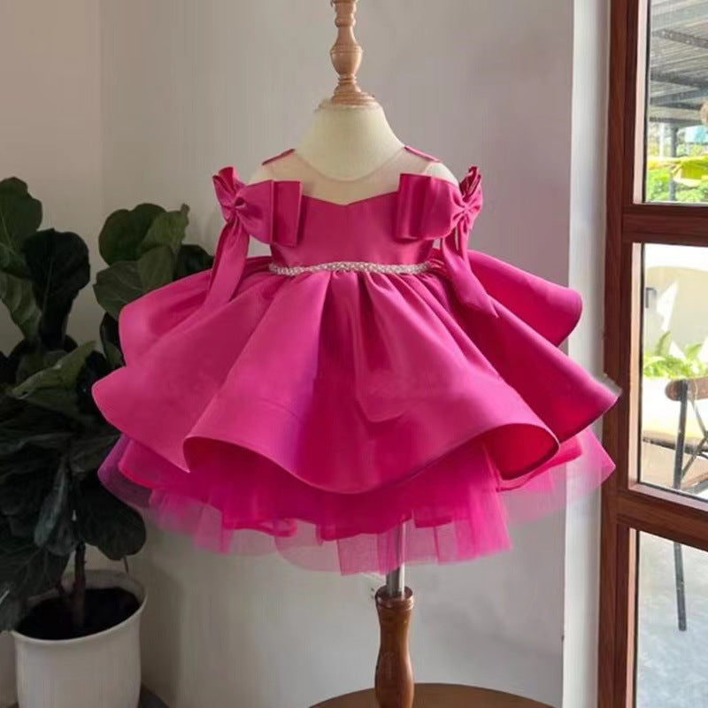Girl's Tulle Tutu Piano Performance Host Solid Color Dress