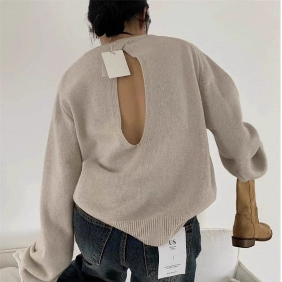 Scheming Hollow Backless Loose Round Neck Knitted Knitting Shirt