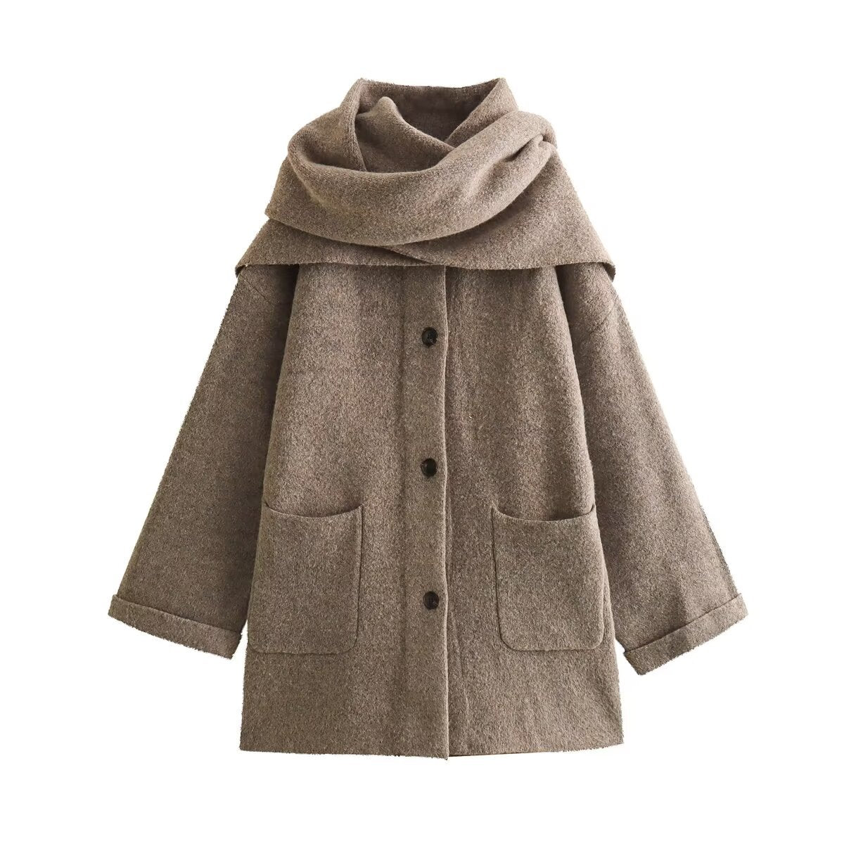 European And American 3-color Short Knitted Coat With Scarf