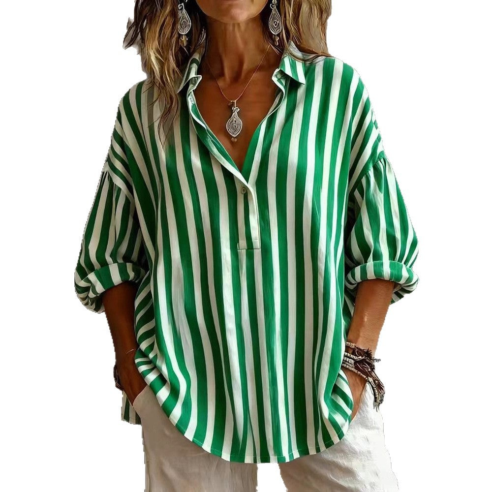 Womens Loose-fitting Striped Long-sleeve Pullover Shirt