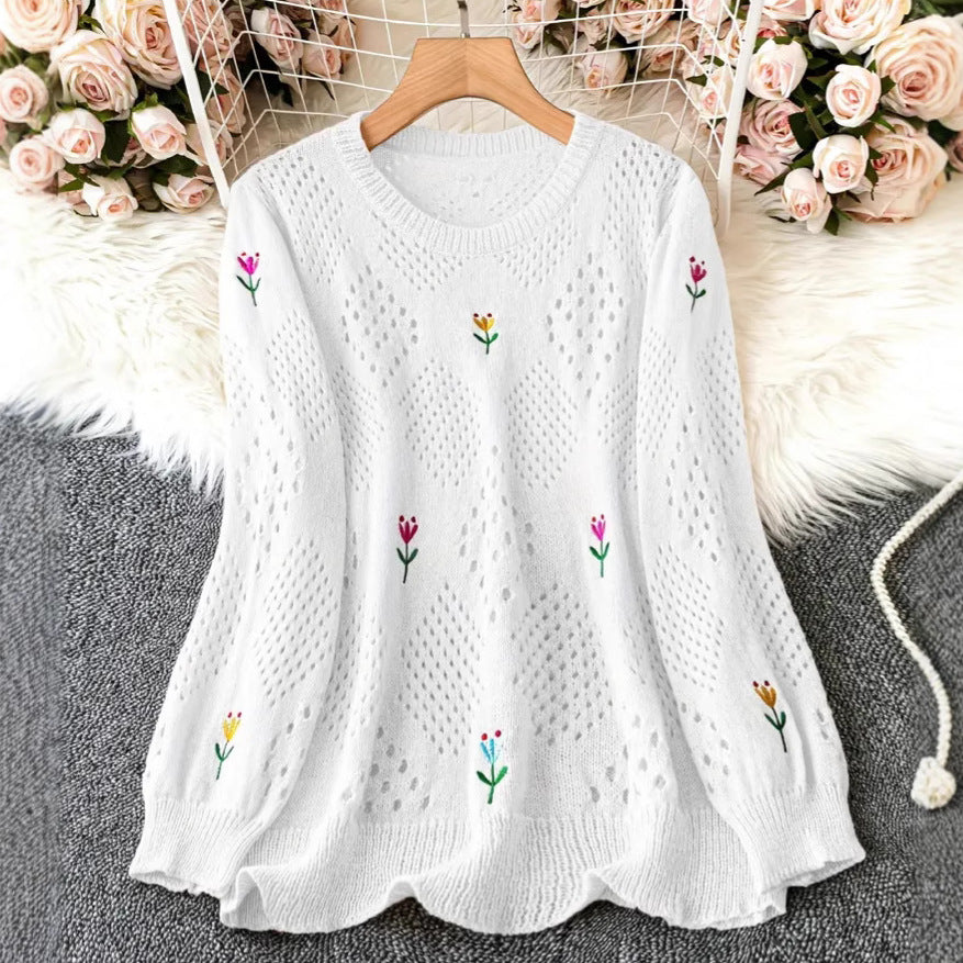 Casual Flower Embroidered Long Sleeve Round Neck Hollow Out Sweater
