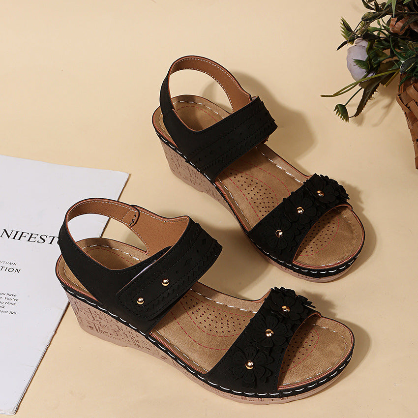 Wedge Heel Laser Cutout Stud Flower Sandals Women's Fish Mouth