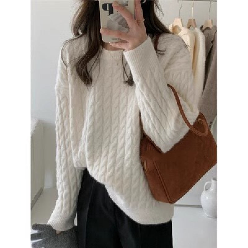 Round Neck Pullover Cable-knit Sweater Women