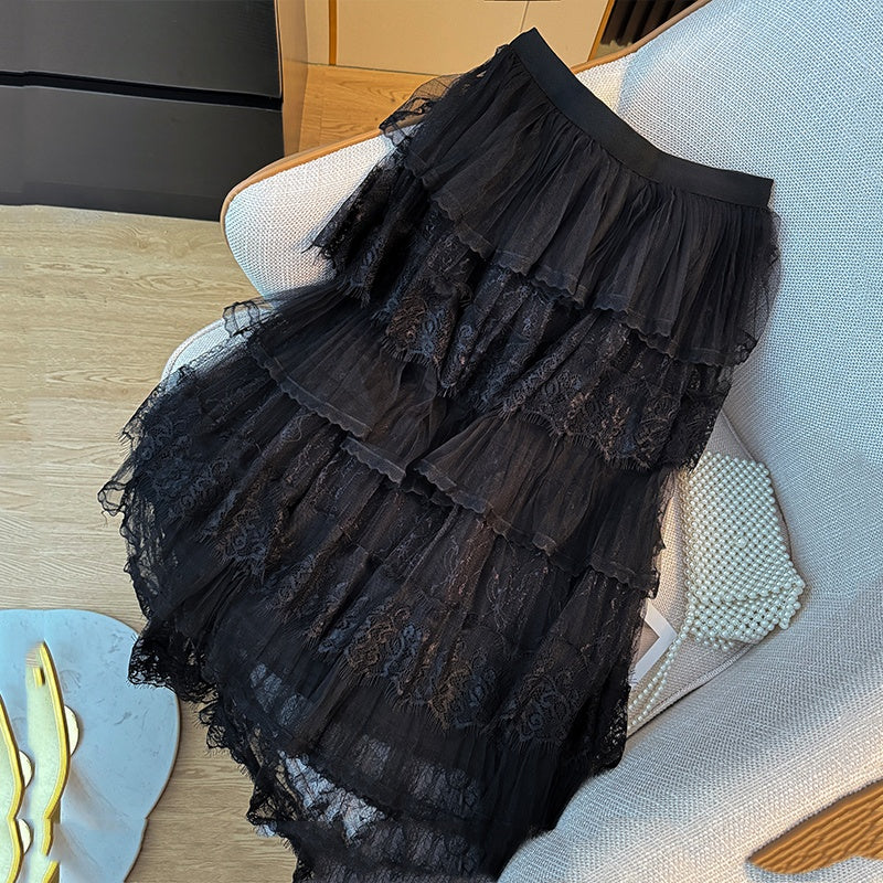 Lace Stitching Net Yarn Cake Skirt High Waist Mid-length A- Line Skirt