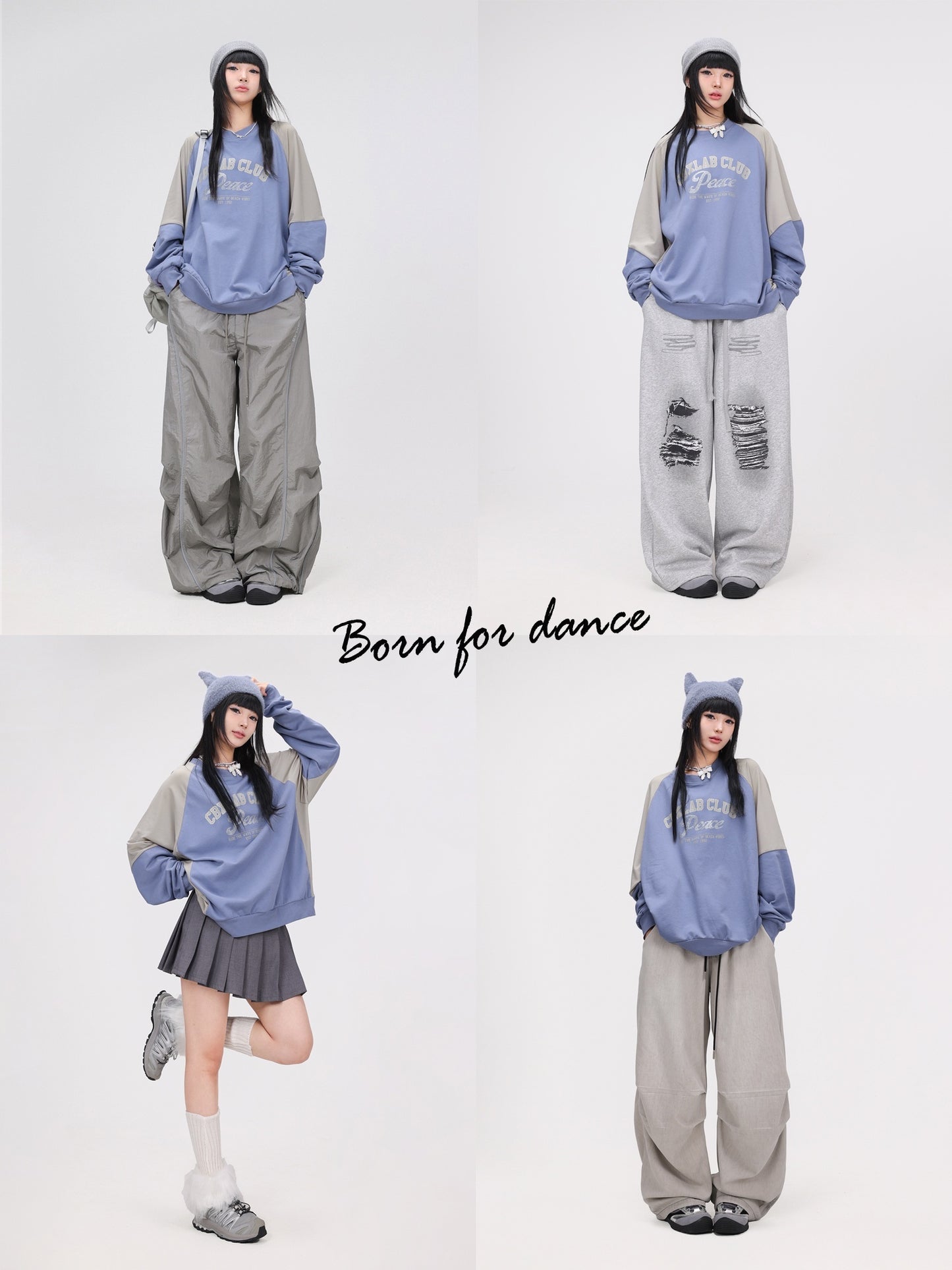 Blue Gray Stitching Contrast Color Quick-drying Hip-hop Pullover Kpop Long Sleeve