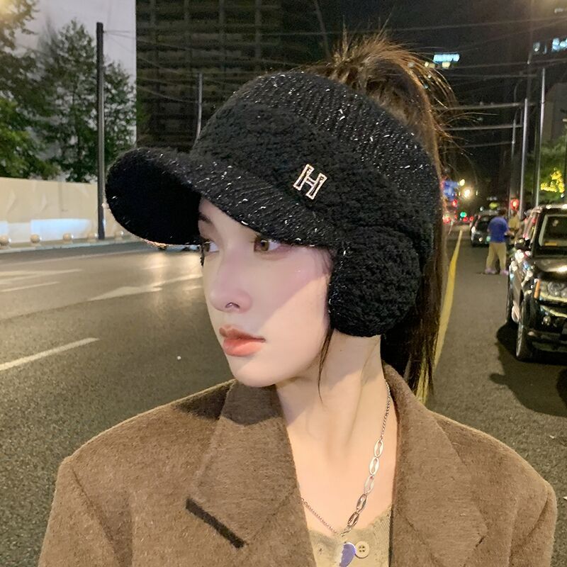 Knitted Ear Protection Duck Tongue Plus Velvet Empty Top Earmuffs Wool Hat Lady