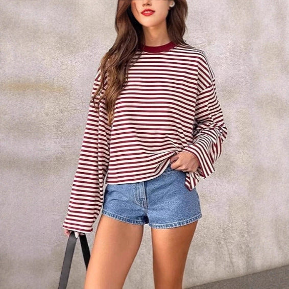 Casual Loose All-match Retro Contrast Color Striped Long-sleeved Top