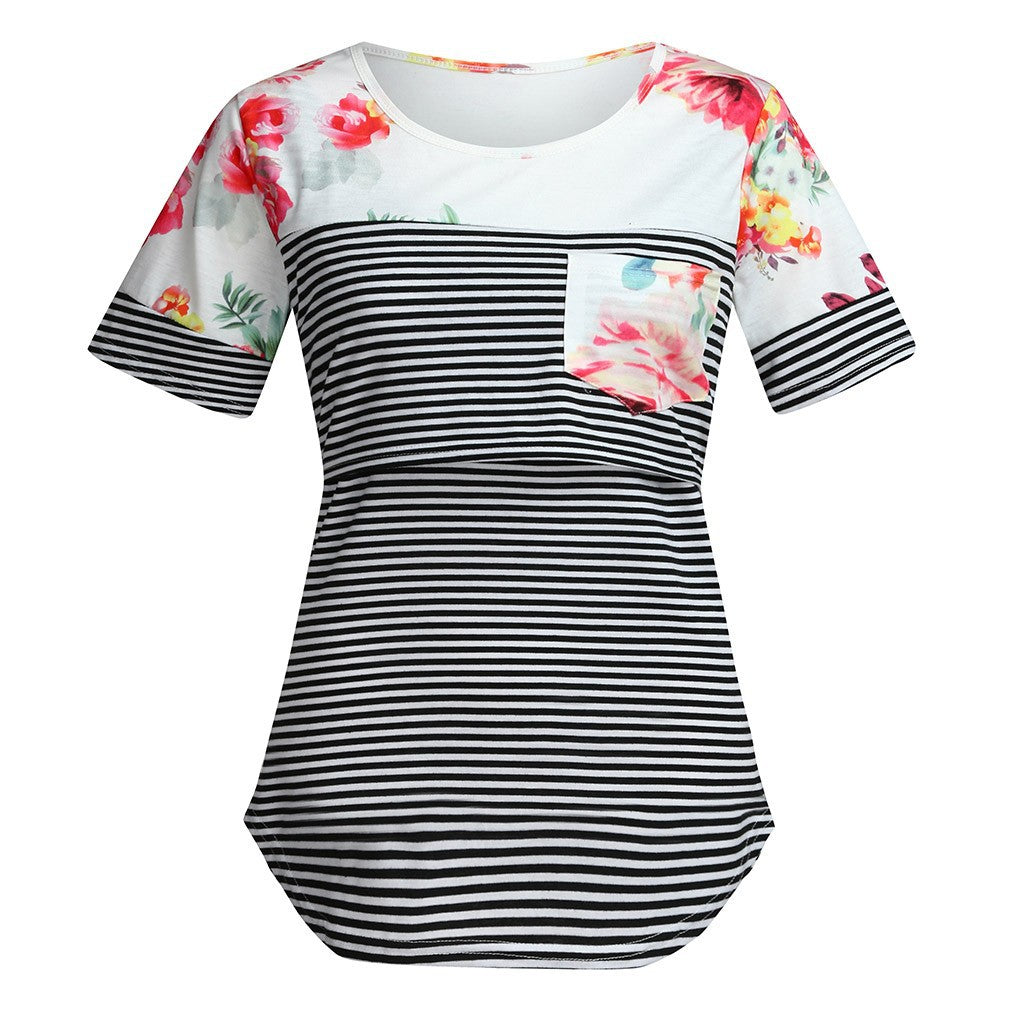 Short Sleeve Striped Printed Patchwork Pocket Round Neck T-shirt