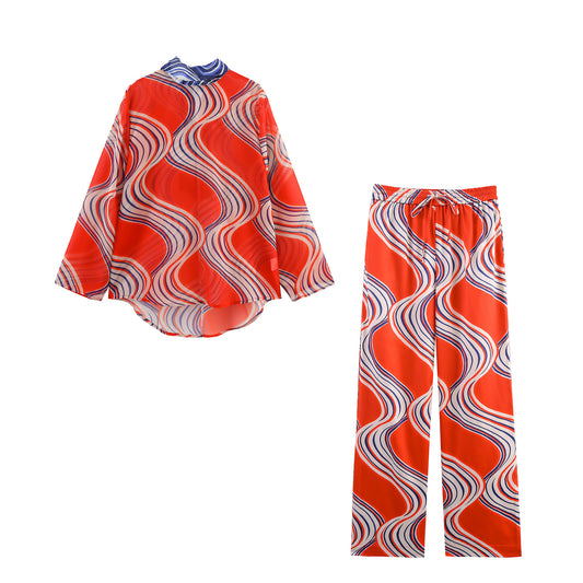 Sæt med pyjamasbukser og skjorte med sløjfedekoration og print