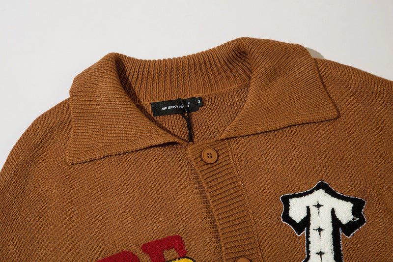American High Street Letter Embroidery Design Lapel Sweater