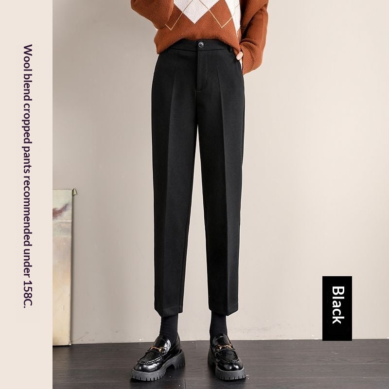 Women's Black Wool Pants With Fleece Lining For Autumn And Winter, Thick And Casual