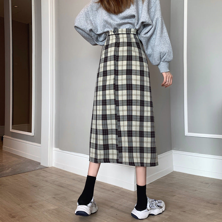 Women's High Waist Plaid Versatile Student Skirt
