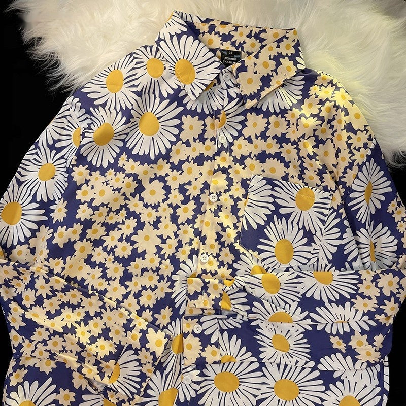 Hong Kong Style Printed Shirt Men's And Women's Loose Long Sleeves