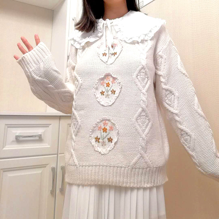 Japanese Vintage Childlike Handmade Small Flower Loose Sweater