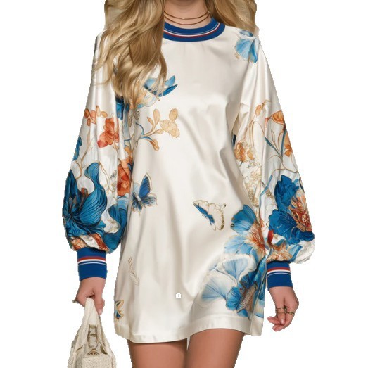 Satin Positioning Printed Lantern Sleeve Dress